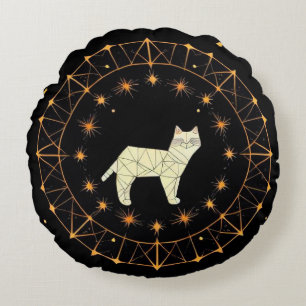 Geometric Cat Design Surrounded by Gold Stars Round Cushion