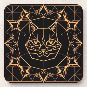 Geometric Cat Design with Gold Lines Coaster