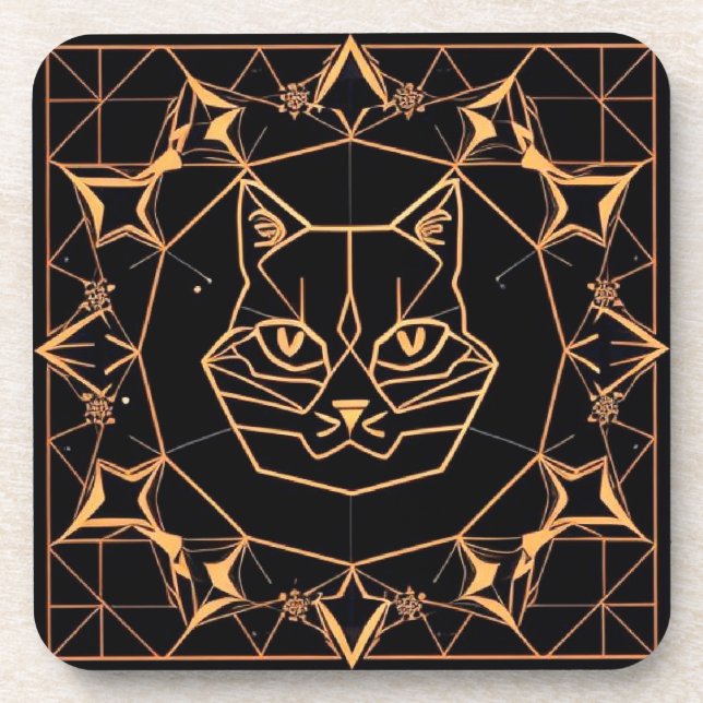 Geometric Cat Design with Gold Lines Coaster (Front)