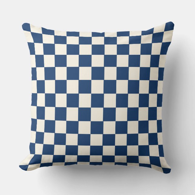 Geometric Checkerboard Pattern navy blue and White Cushion (Front)