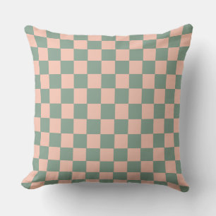 Geometric Checkerboard Pattern Sage Green Pink Cushion