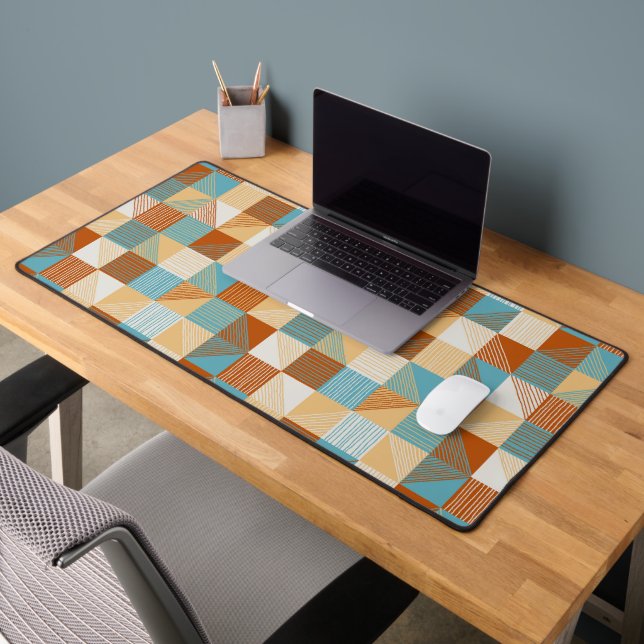 Geometric Chequerboard with Lines, Turquoise, Rust Desk Mat (Office 2)