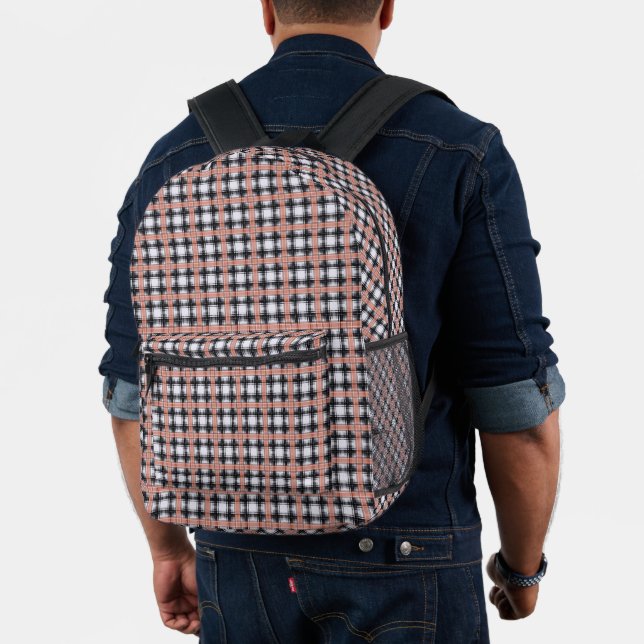 Geometric chequered pattern plaid brown printed backpack (Insitu (Model))