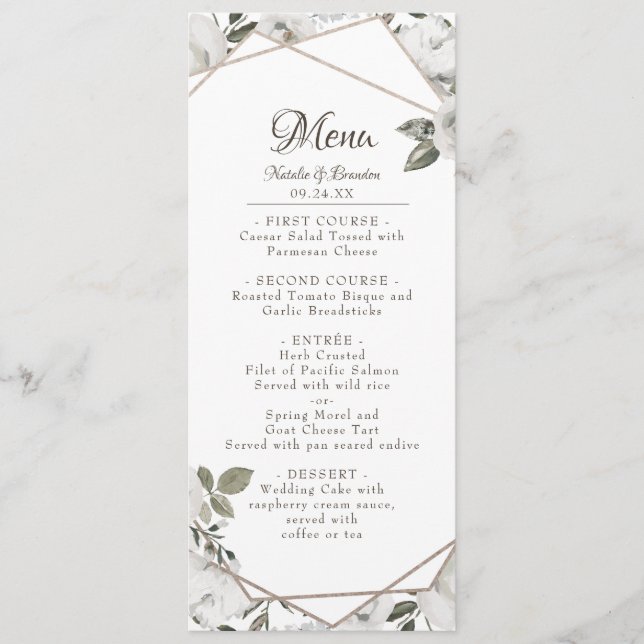 Geometric Cherish White Floral & Rose Gold Dinner Menu (Front)
