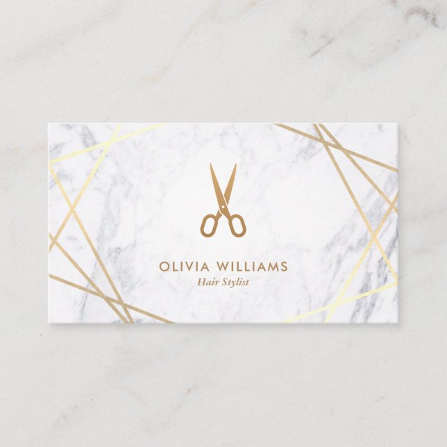 Geometric Chic Gold Scissors Marble Hair Stylist Business Card (Front)