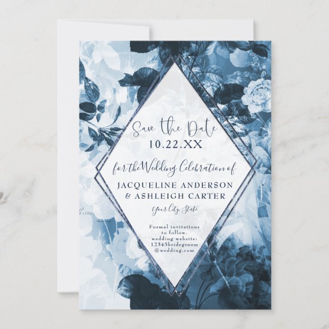 Geometric Chinoiserie Blue and White Floral Script Save The Date (Front)