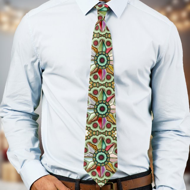 Geometric Christmas Star Design Tie (Christmas tie with an abstract art geometric star design in greens with colorful touches)