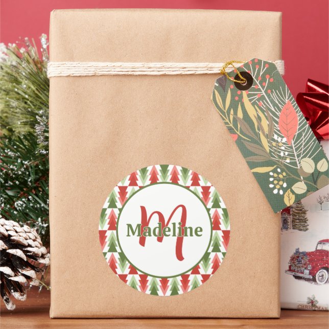 Geometric Christmas Tree Grove Classic Round Sticker (Holiday)