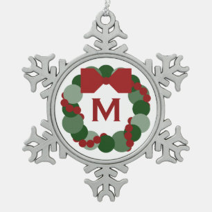 Geometric Christmas Wreath with Monogram Snowflake Pewter Christmas Ornament