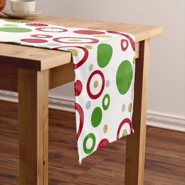 Geometric Circles Red Green Silver Gold Short Table Runner (In Situ)