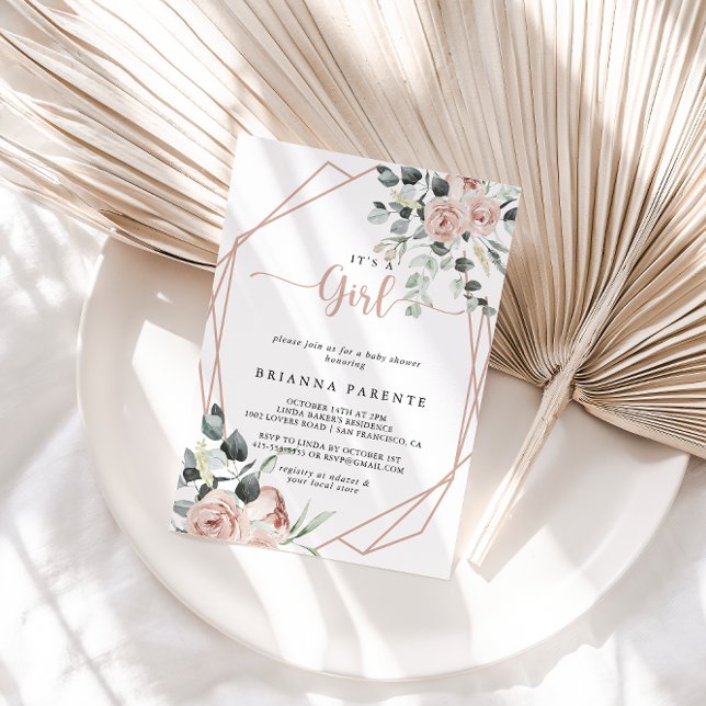 Geometric Classic Dusty Pink Rose It's A Girl  Invitation (Creator Uploaded)