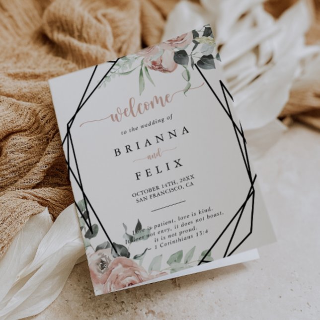 Geometric Classic Pink Rose Floral Folded Wedding Programme (Creator Uploaded)