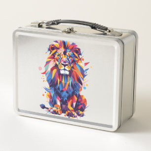 Geometric colorful lion design metal lunch box