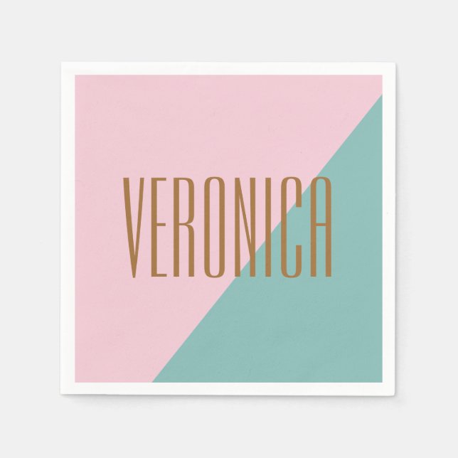 Geometric Colour Block Pink Teal Personalised Name Napkin (Front)