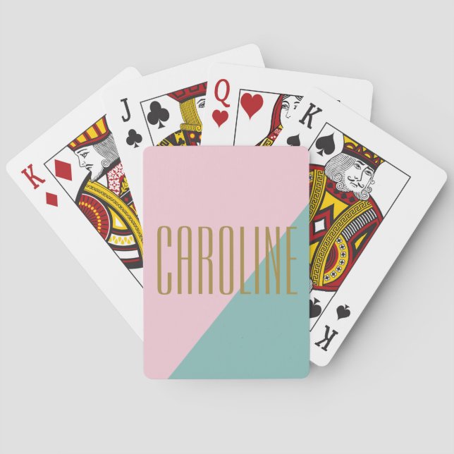 Geometric Colour Block Pink Teal Personalised Name Playing Cards (Back)