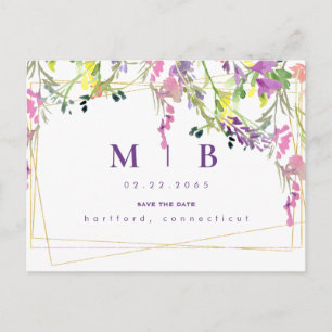 Geometric Colour Wildflowers Monogram Save the Dat Announcement Postcard