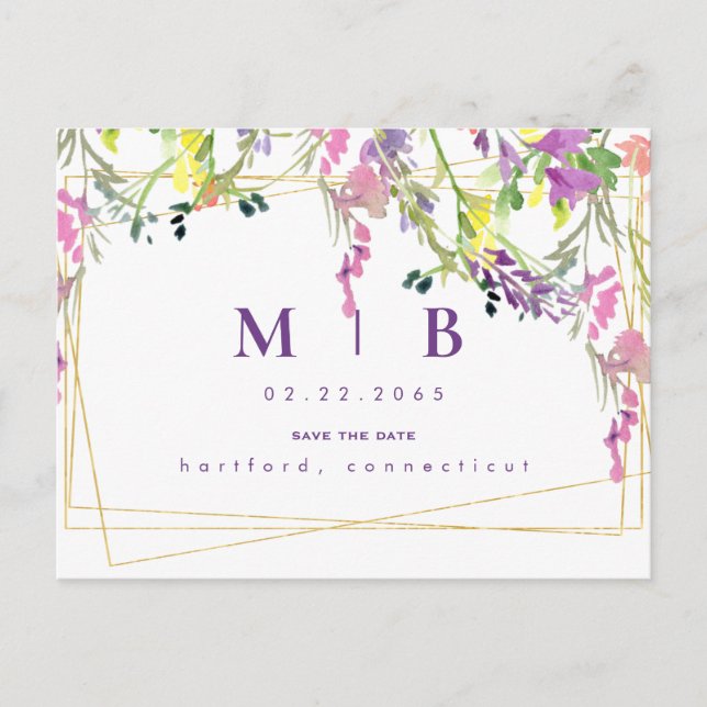 Geometric Colour Wildflowers Monogram Save the Dat Announcement Postcard (Front)