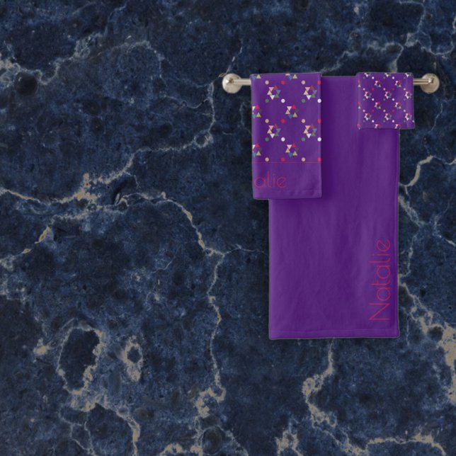 Geometric coloured pattern lavender name bath towel set (Creator Uploaded)