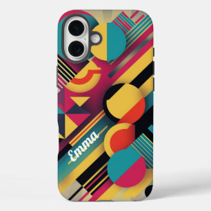 Geometric Colourful Shapes, Retro Personalised iPhone 16 Plus Case