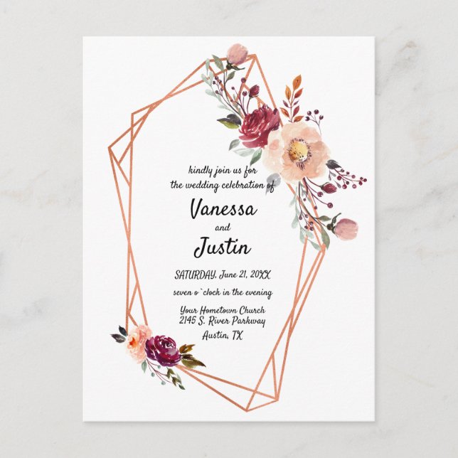 Geometric Copper Floral Wedding Invite Postcard (Front)