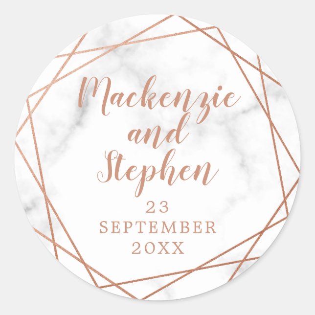 Geometric Copper Marble Personalised Wedding Classic Round Sticker (Front)
