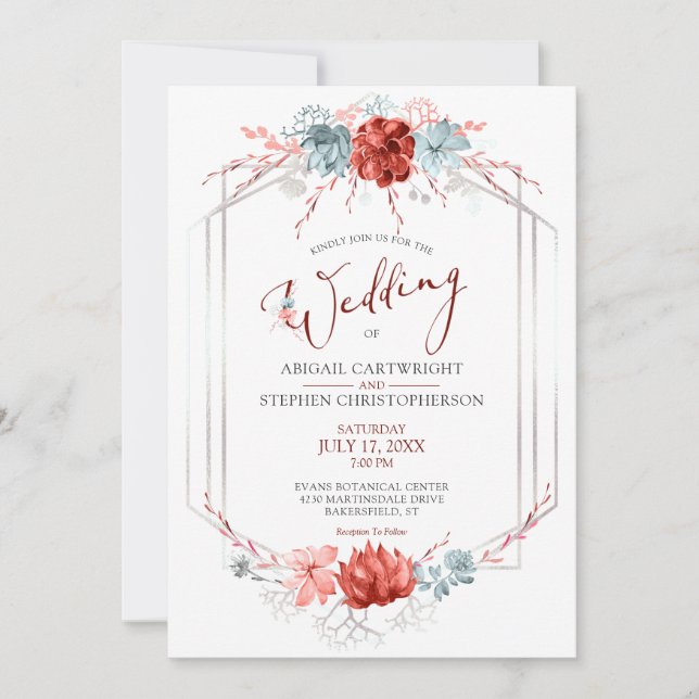 Geometric Coral Floral Succulent Wedding Invitation (Front)