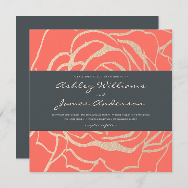 Geometric Coral Rose Floral Square Wedding Invitation (Front/Back)