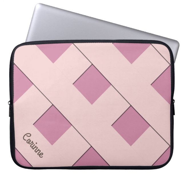 Geometric Crossing Pastel Pink Lines with Name Laptop Sleeve (Front)
