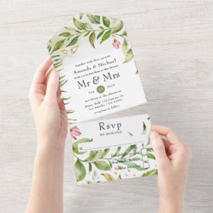 Geometric Crystal Greenery Monogram Wedding All In One Invitation