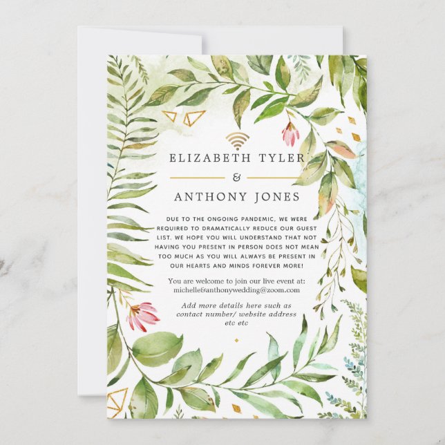Geometric Crystal Greenery Virtual Wedding Announcement (Front)
