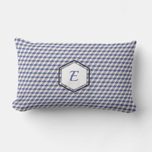 Geometric Cube Pattern in Purple, Grey & White Lumbar Cushion (Front)