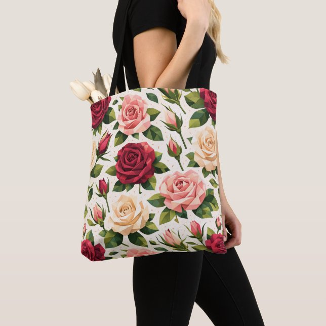 Geometric Cute Rose Pattern Pink Red Peach Floral Tote Bag (Close Up)