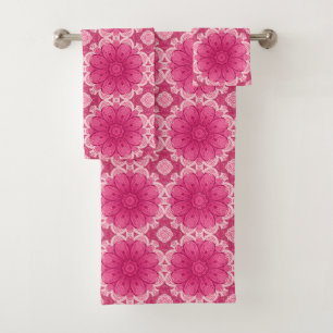 Geometric Daisy Pattern in Coral and Pastel Pink Bath Towel Set