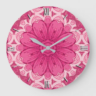 Geometric Daisy Pattern in Coral and Pastel Pink  Large Clock