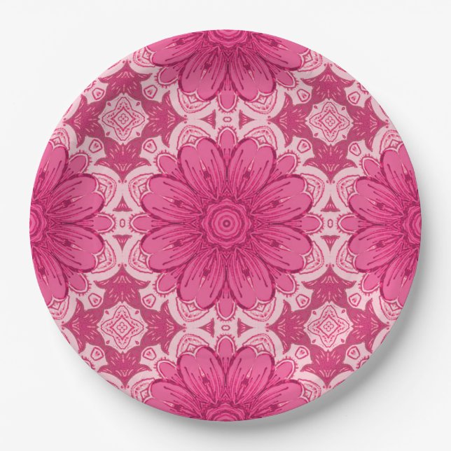 Geometric Daisy Pattern in Coral and Pastel Pink  Paper Plate (Front)