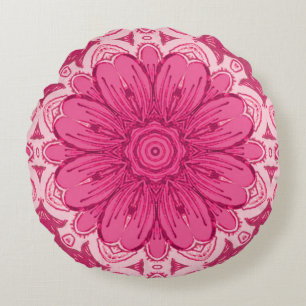 Geometric Daisy Pattern in Coral and Pastel Pink Round Cushion