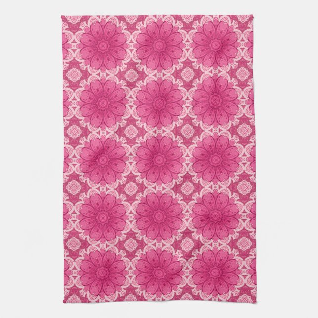 Geometric Daisy Pattern in Coral and Pastel Pink   Tea Towel (Vertical)