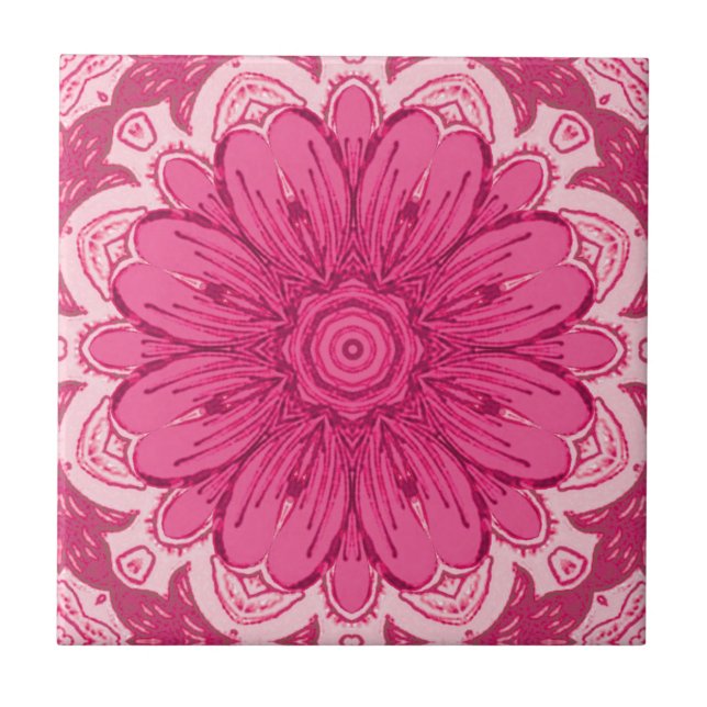 Geometric Daisy Pattern in Coral and Pastel Pink  Tile (Front)