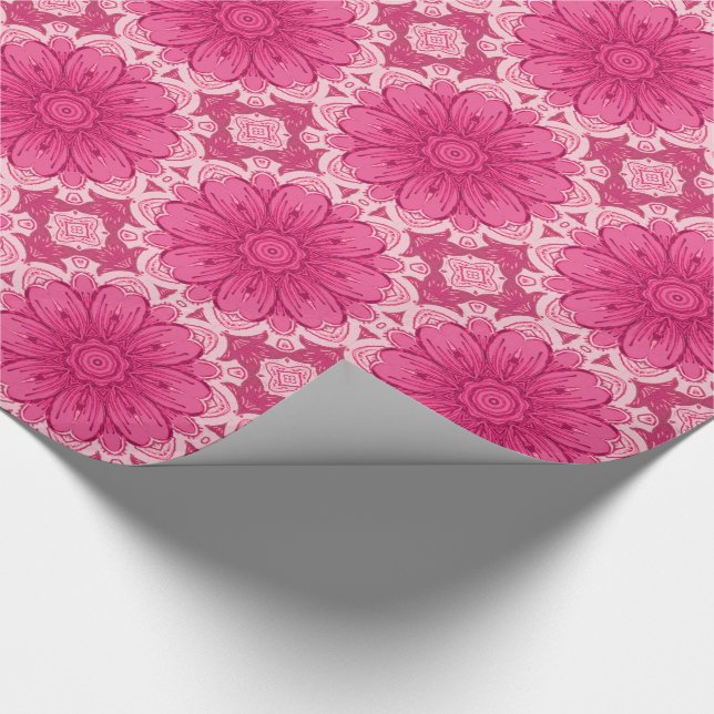 Geometric Daisy Pattern in Coral and Pastel Pink   Wrapping Paper (Corner)