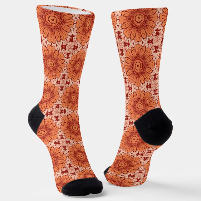 Geometric Daisy Pattern in Mandarin Orange  Socks (Angled)