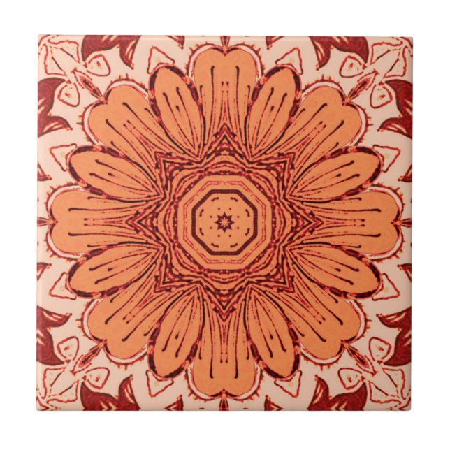 Geometric Daisy Pattern in Mandarin Orange  Tile (Front)