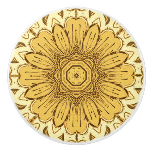 Geometric Daisy Pattern in Mustard Gold Ceramic Knob