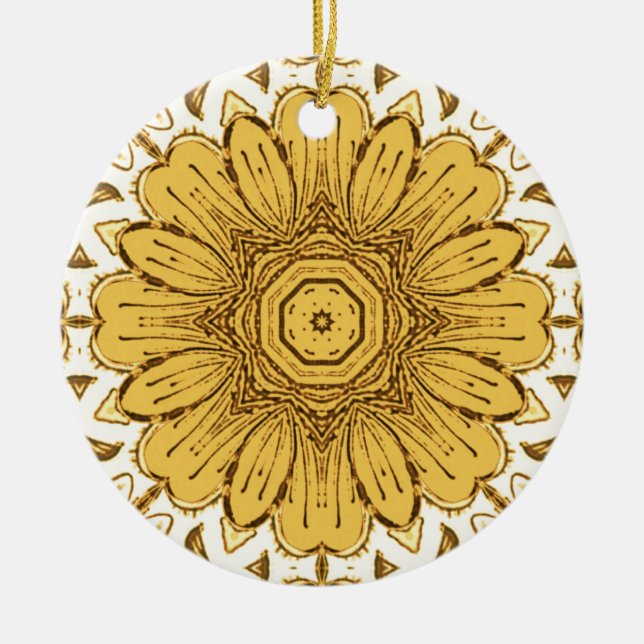 Geometric Daisy Pattern in Mustard Gold Ceramic Tree Decoration (Front)