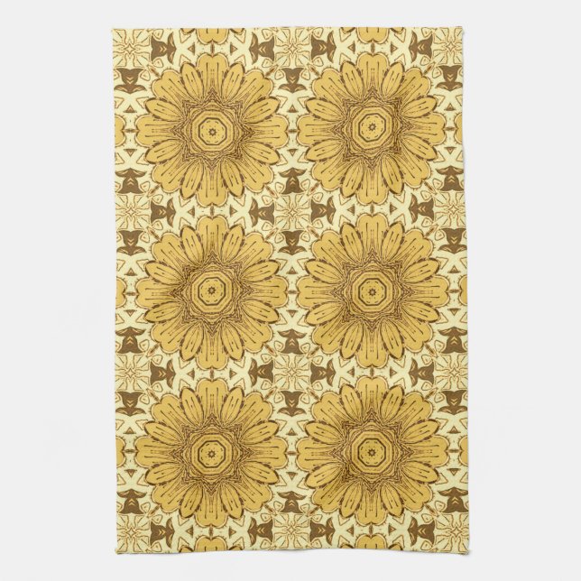 Geometric Daisy Pattern in Mustard Gold  Kitchen T Tea Towel (Vertical)