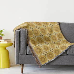 Geometric Daisy Pattern in Mustard Gold Throw Blanket
