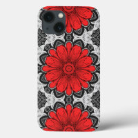 Geometric Daisy Pattern in Red Black & White   