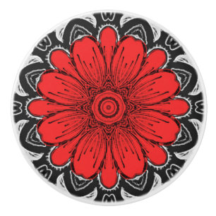 Geometric Daisy Pattern in Red Black & White    Ceramic Knob