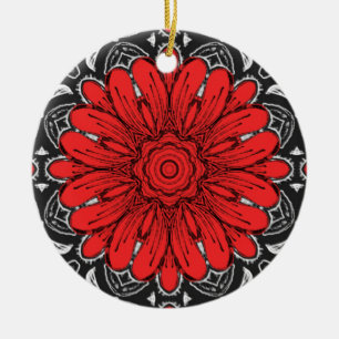 Geometric Daisy Pattern in Red Black & White    Ceramic Tree Decoration