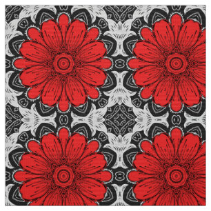 Geometric Daisy Pattern in Red Black & White Fabric