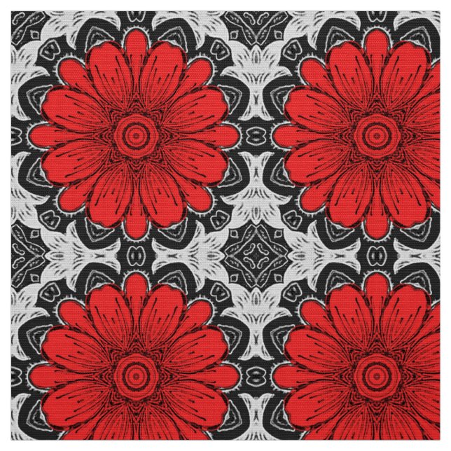 Geometric Daisy Pattern in Red Black & White Fabric (Swatch)
